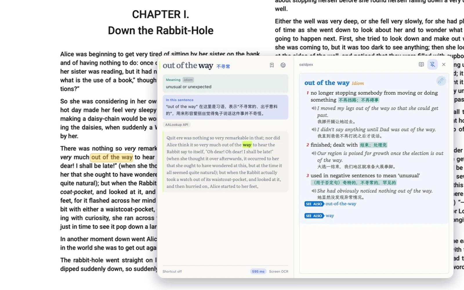 AALookup explaining the idiom out of the way over a page of Alice's Adventures in Wonderland